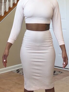 American Apparel Light Pink High-Waist Midi Pencil Skirt